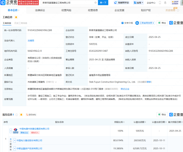 中利网  中国电建在阿勒泰地区成立建设工程公司